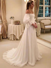 A-line Off-the-shoulder Chiffon Sweep Train Wedding Dress with Ruffles